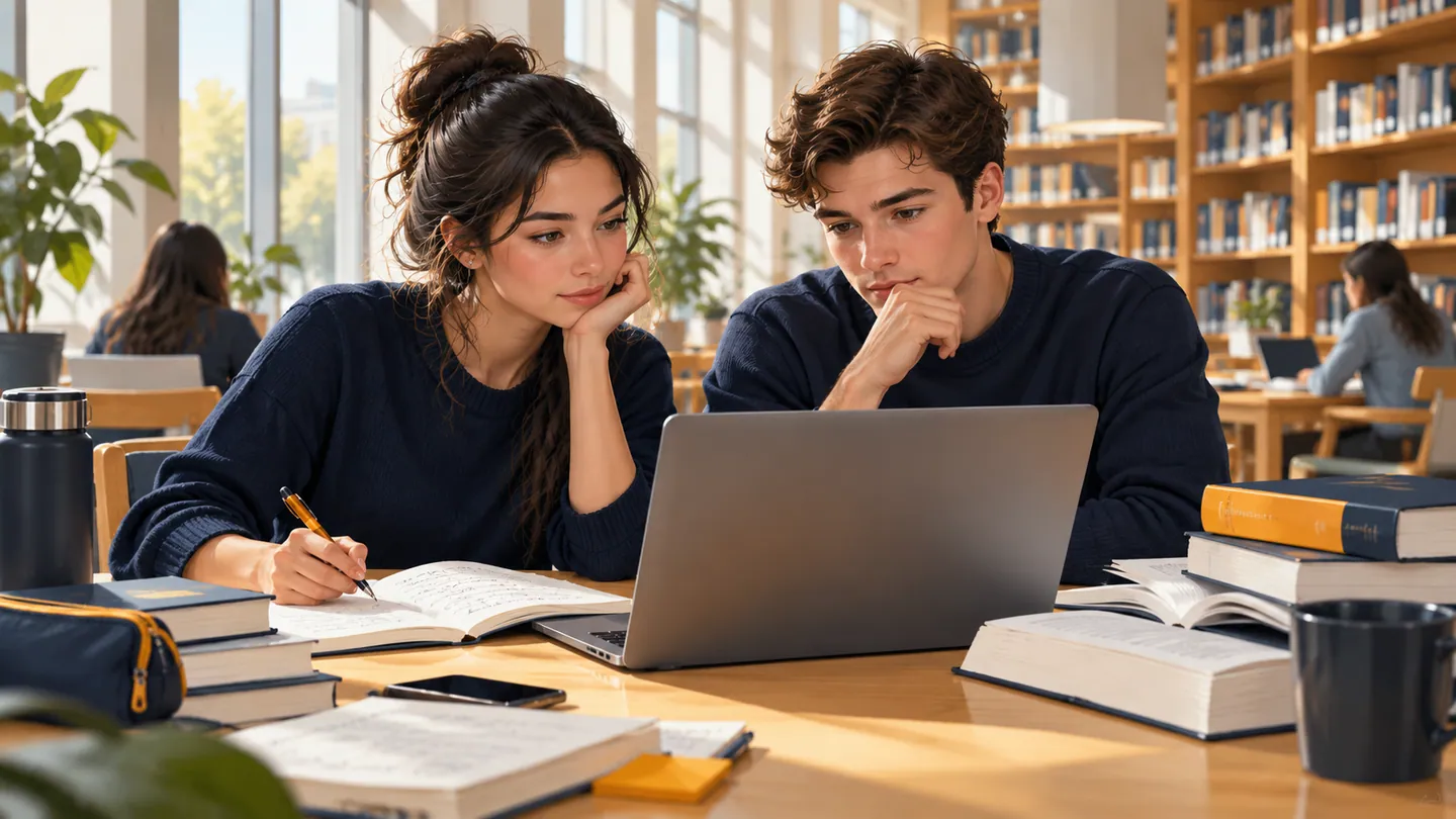 Students using AI tools alongside books and study notes