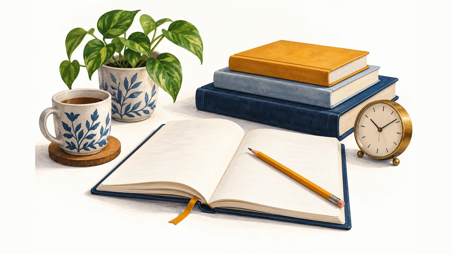 A notebook, books and study materials ready for a learning plan
