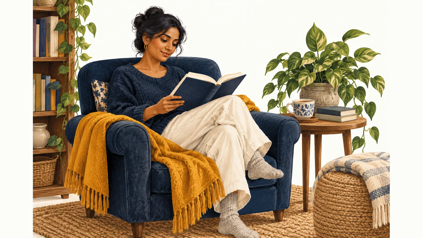 A calm reading space with a book and tea