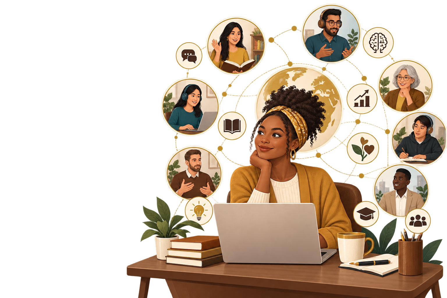 A learner at a laptop connected with a global network of learners, trainers, and practical learning opportunities