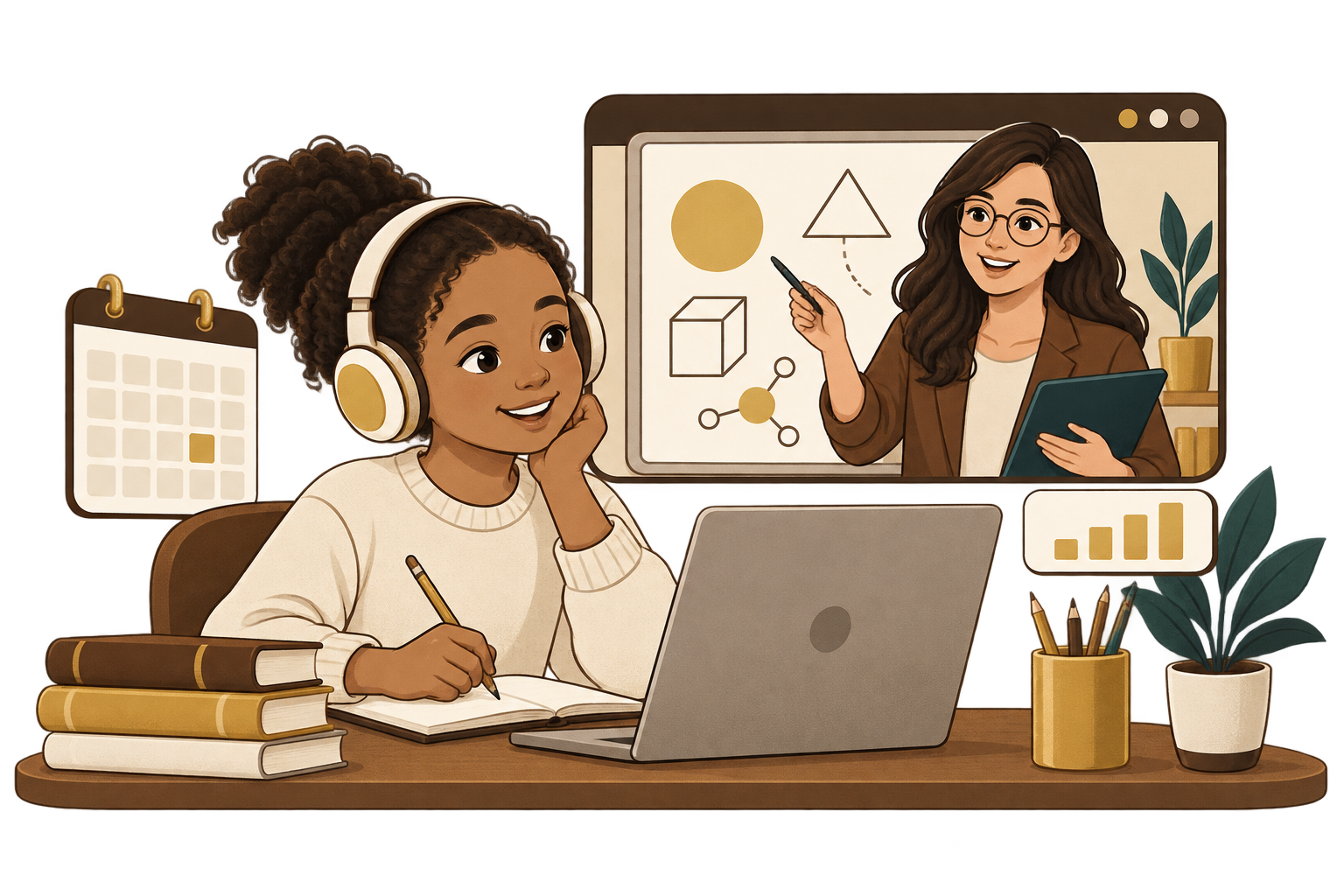 A school-age learner attending a warm live online lesson with a professional tutor